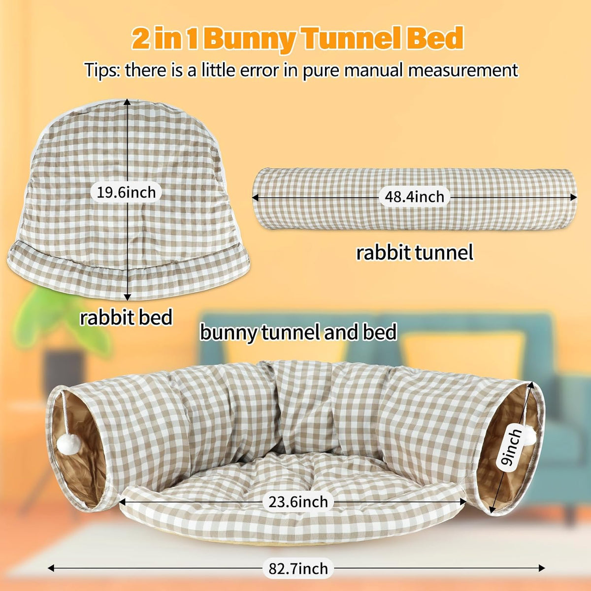 Bunny Tunnel Bed, 2-in-1 Collapsible Rabbit Tunnel Hideout with Mat – Essentials for Small Pets - YellowPlaid - image 2