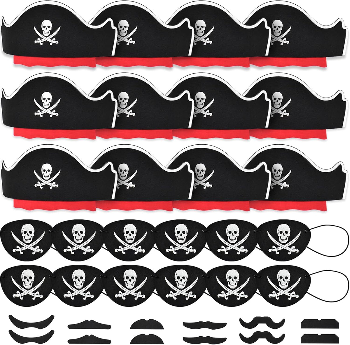 Halatool pirate party hat set with 6 felt hats, 6 skull eyepatches and 6 fake mustaches - view 4