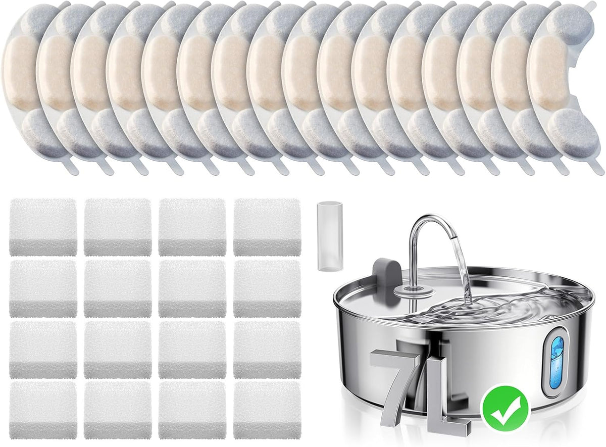 7L/236oz Stainless Steel Dog Water Fountain for Large Dogs & Cats – Essentials for Dogs - Silver / 16 Filter + 16 Sponge + 3 Pump Hose