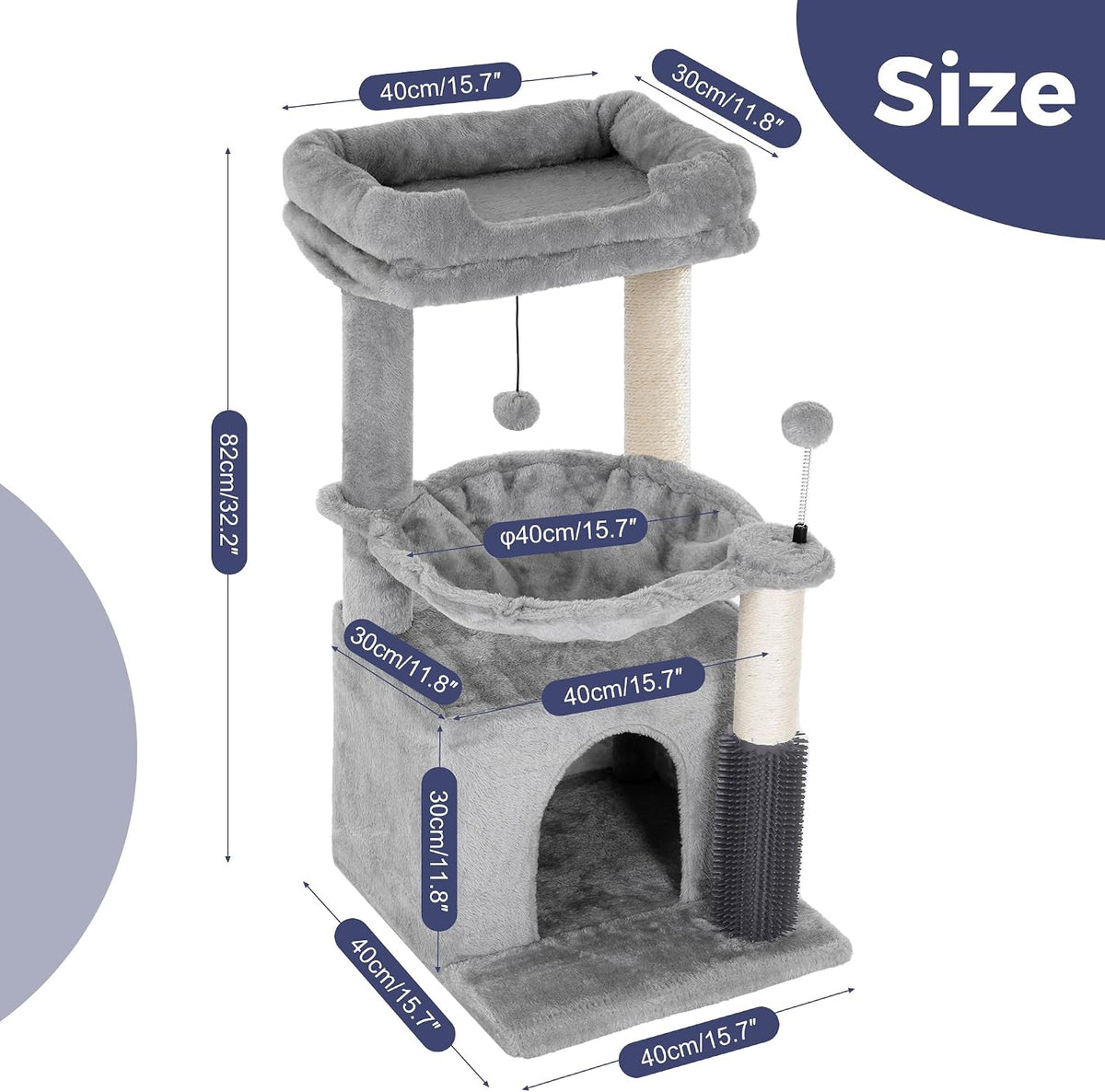 Cat Tree 32” Small Cat Tower with Large Hammock 16”& Self Groomer – Essentials for Cats - Medium-32" / Gray - image 2
