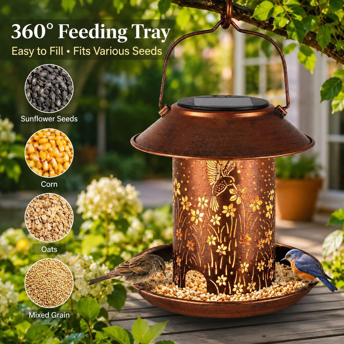 Metal solar hummingbird bird feeder garden lantern with three seed cups - view 3