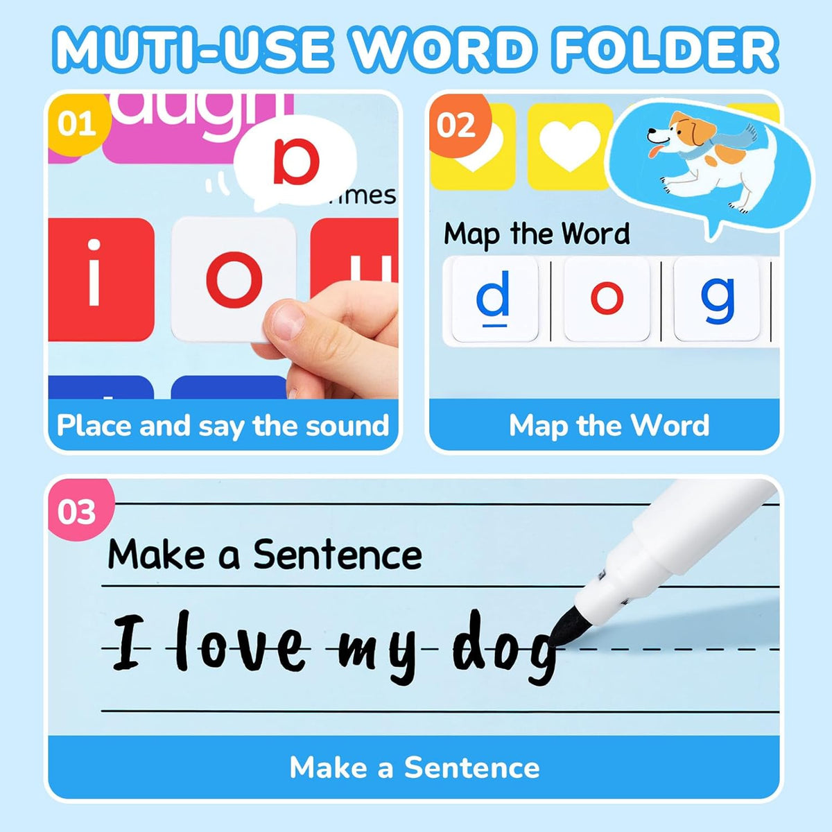 JoyCat 265 magnetic phonics letter tiles with color-coded tiles and word folder - view 3