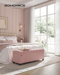 SONGMICS Velvet Storage Ottoman Bench, Foot Rest with Legs, 15.7 x 43 x 15.7 Inches, End of Bed Bench, Storage Chest, Load up to 660 lb, for Living Room, Bedroom, Entryway, Jelly Pink ULSF089R01