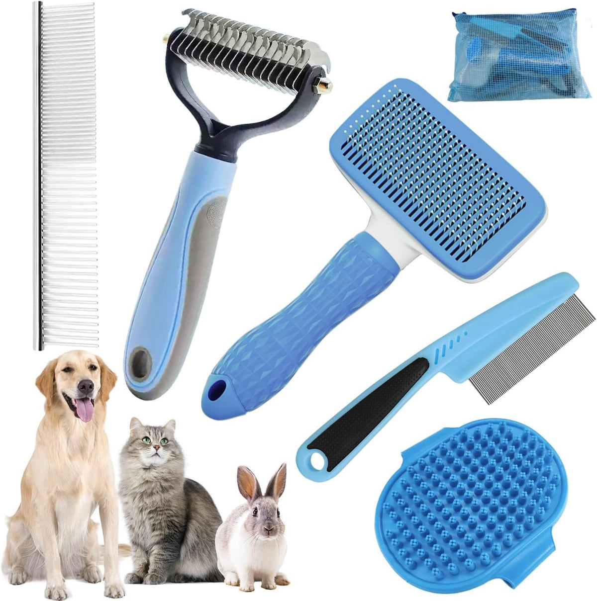 Bath Grooming Kit for Pets, Hair Brush Set with Towel - 6-Blue