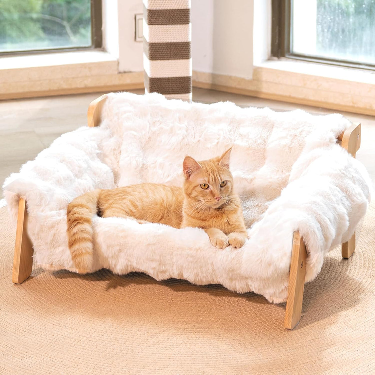 Elevated Cat Couch Bed Wooden Raised Kitty Sofa Lounge Chair – Essentials for Cats - Cat Sofa-White