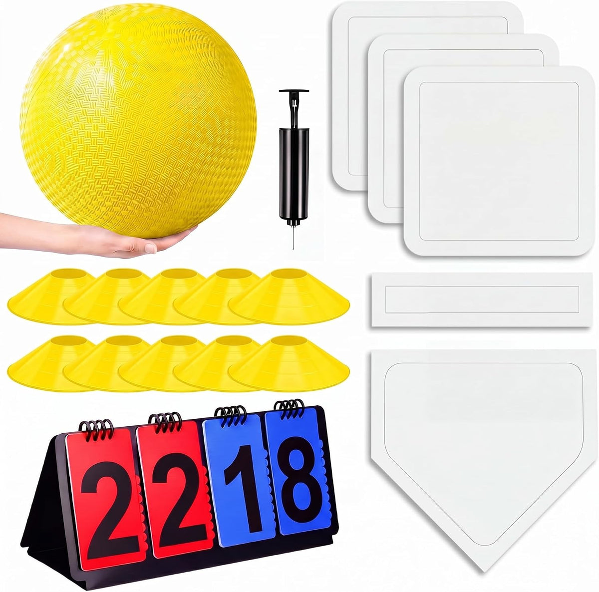 Jenaai blue kickball set with 10 inch ball, rubber bases, cones, scoreboard and pump