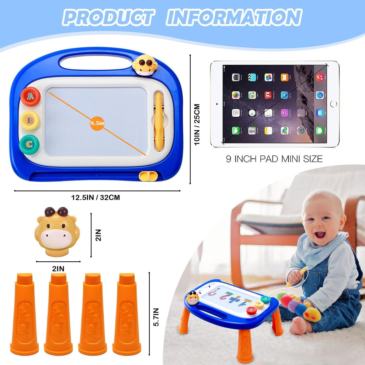 vusum magnetic drawing board for toddlers with four color zones, pen and legs - view 3