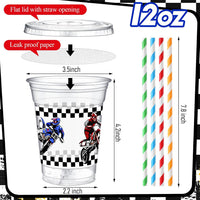 Teenyyou 12 oz clear plastic party cups with dirt bike design, lids and paper straws - view 24