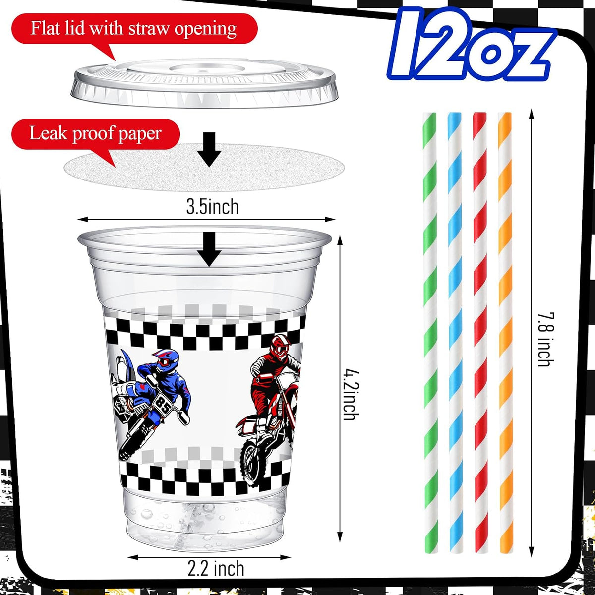 Teenyyou 12 oz clear plastic party cups with dirt bike design, lids and paper straws - view 24