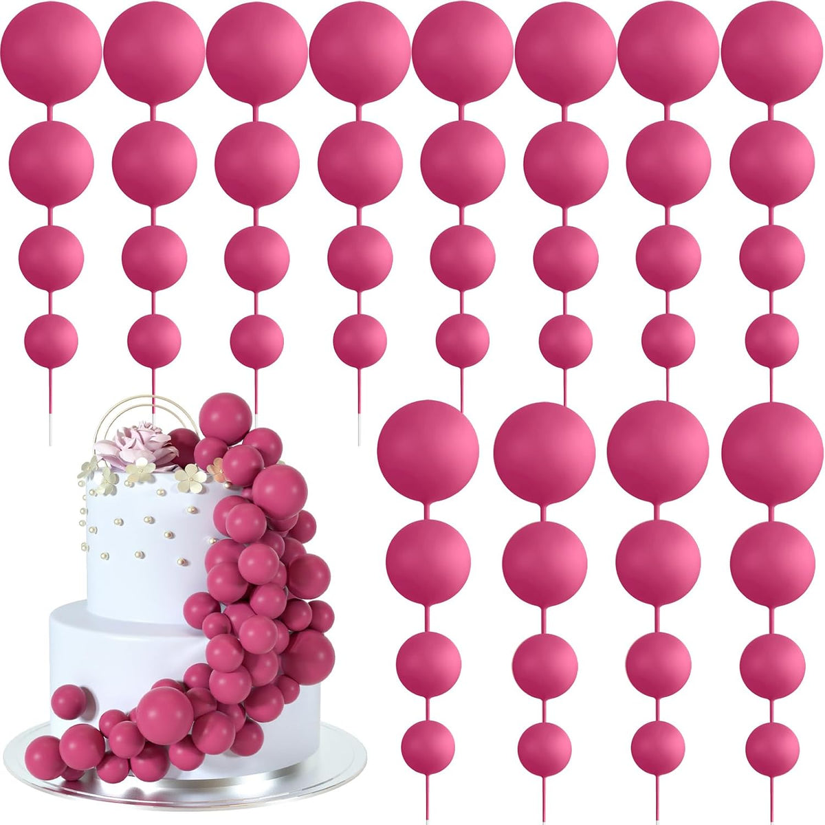 48 Pcs Balls Cake Topper Decorations Balloon Cupcake Toppers Foam - B07-hot Pink