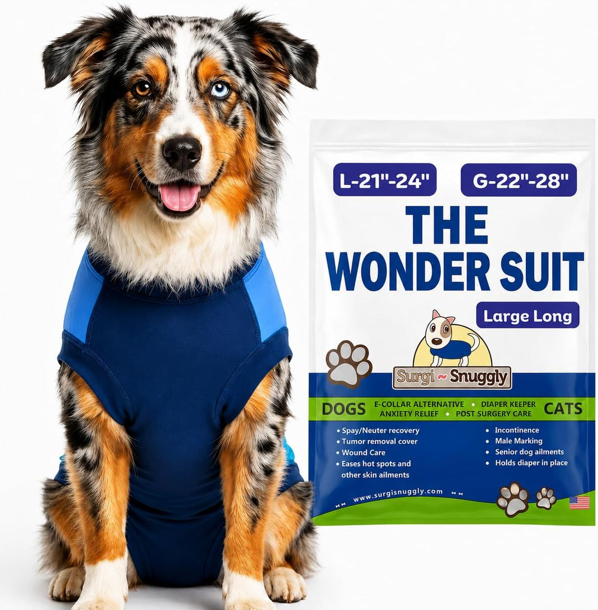 Surgi Snuggly dog surgery recovery suit with adjustable back panel