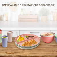 greenandlife 10 Inch 4PCS Unbreakable Portion Control Plates, Divided Plates for Kids Adults, Dishwasher & Microwave Safe Compartment Plate, Lightweight Reusable Wheat Straw Plate, BPA Free