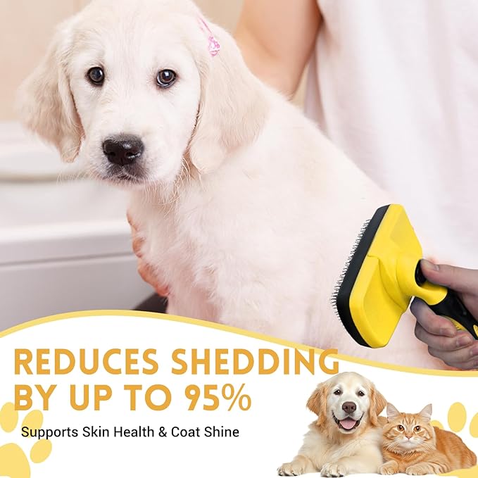 Large Self Cleaning Deshedding Brush for Dogs & Cats - One Button Hair Release Grooming Tool, Gentle Massage Brush for Long and Short Hair (Yellow)