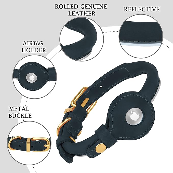 OOPSDOGGY Rolled Leather Dog Collar with Airtag Holder - Reflective Round Airtag Dog Collar - Soft Tracking Pet Collar for Small Dogs Puppy Cats Kitten (Denim, XL, 17"-21")