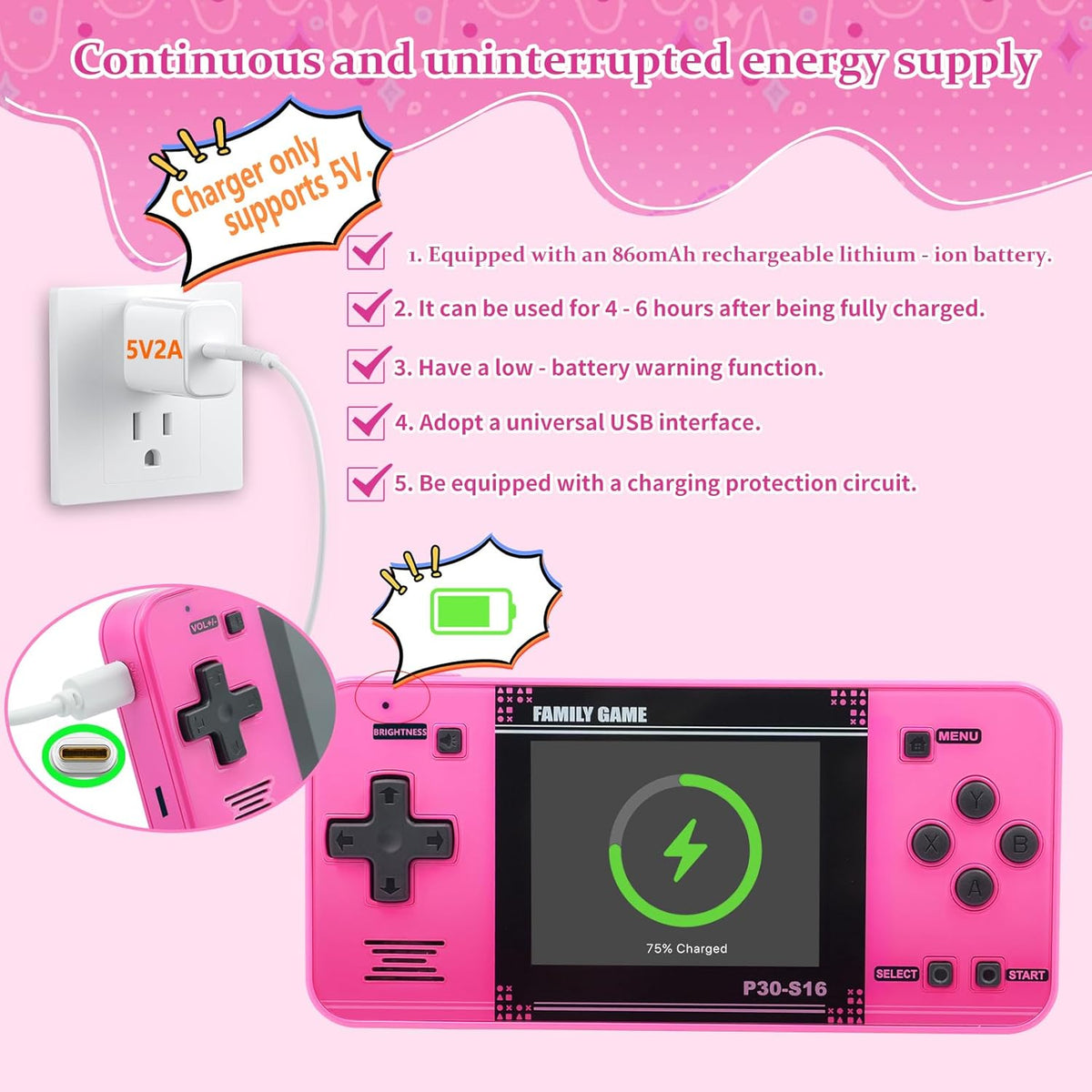 Handheld Game for Kids -Preloaded 220 Retro Video Games - Pink - image 3