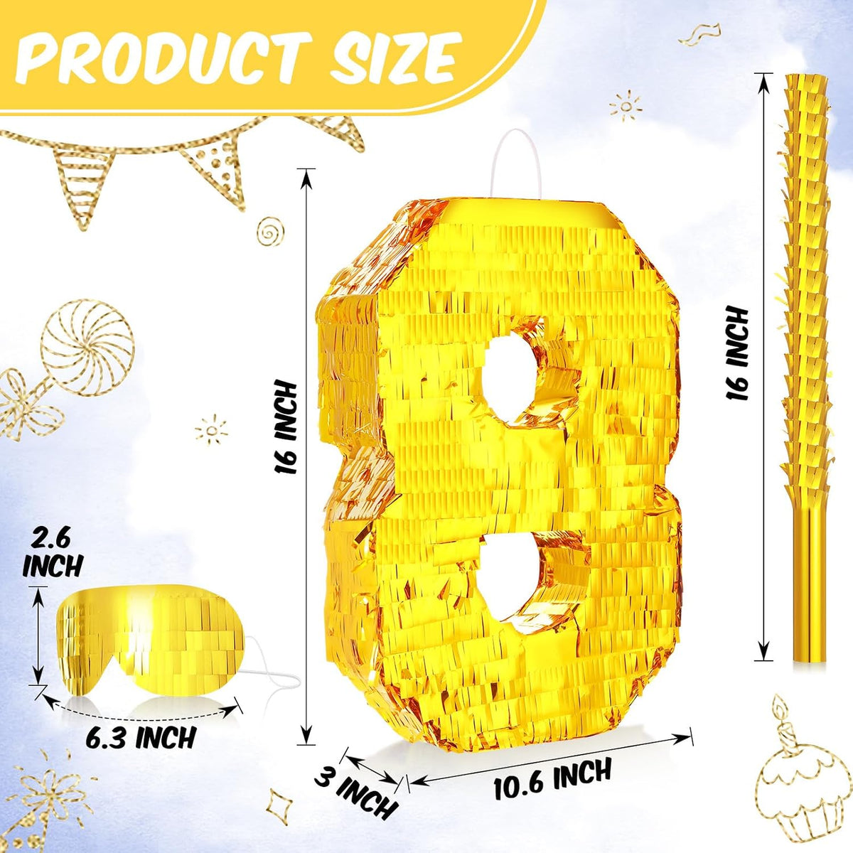 Sratte gold foil number piñata set with gold blindfold, piñata stick and bag of confetti - view 12