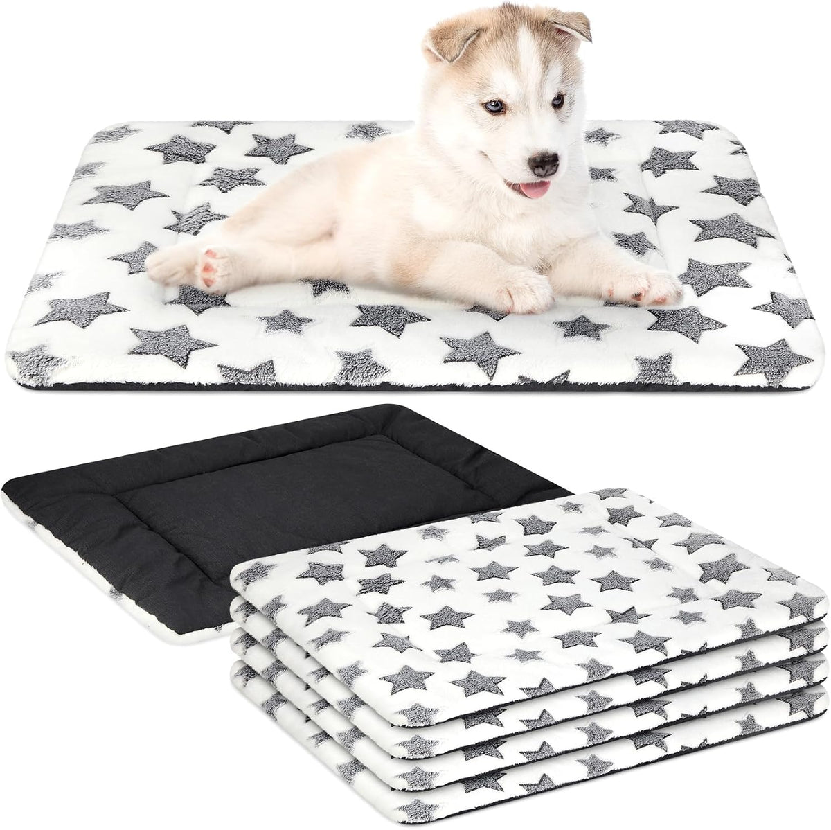 4 Pcs Dog Crate Pads Soft Warm - Rectangular 18 x 24 x 1.6 Inch / Star / White