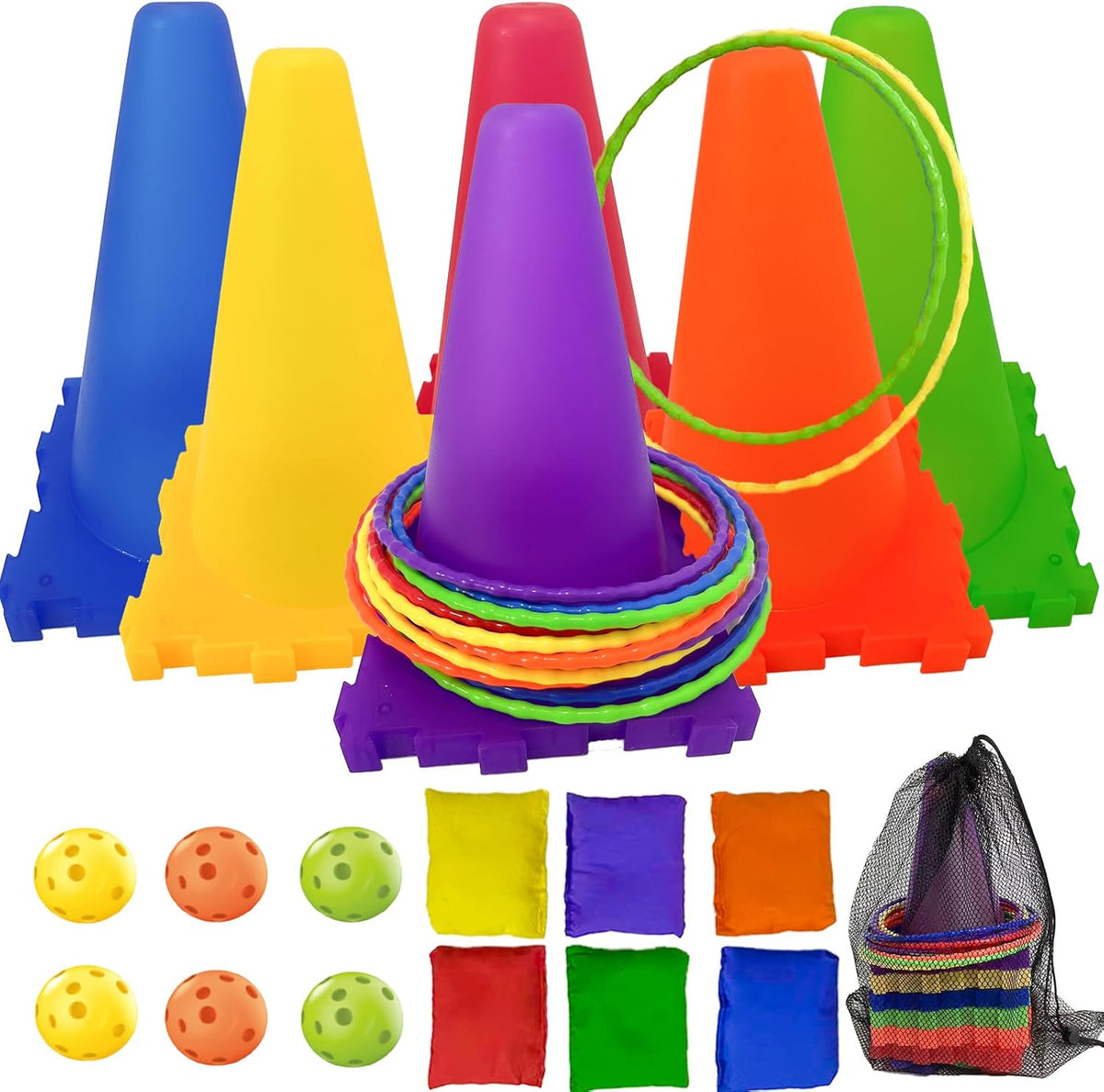 Aykzaqe outdoor games set for kids with traffic cones, colorful rings and bean bags - view 2