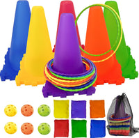 Aykzaqe outdoor games set for kids with traffic cones, colorful rings and bean bags - view 2