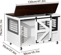 47 inch XL Dog Crate Furniture with Top-Access Teasing/Feeding Doors, Farmhouse Wooden Decorative Dog Crates with Wheels, Chew-Resistant Dog Crates End Table for Medium&Large Dogs, White