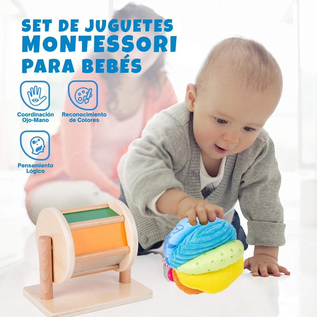 Adena Montessori Play Kit: Knob Puzzle, Drum & Ball, 6-12m – Fun for Kids & Family - Spinning Drum & Fabric Ball - image 2