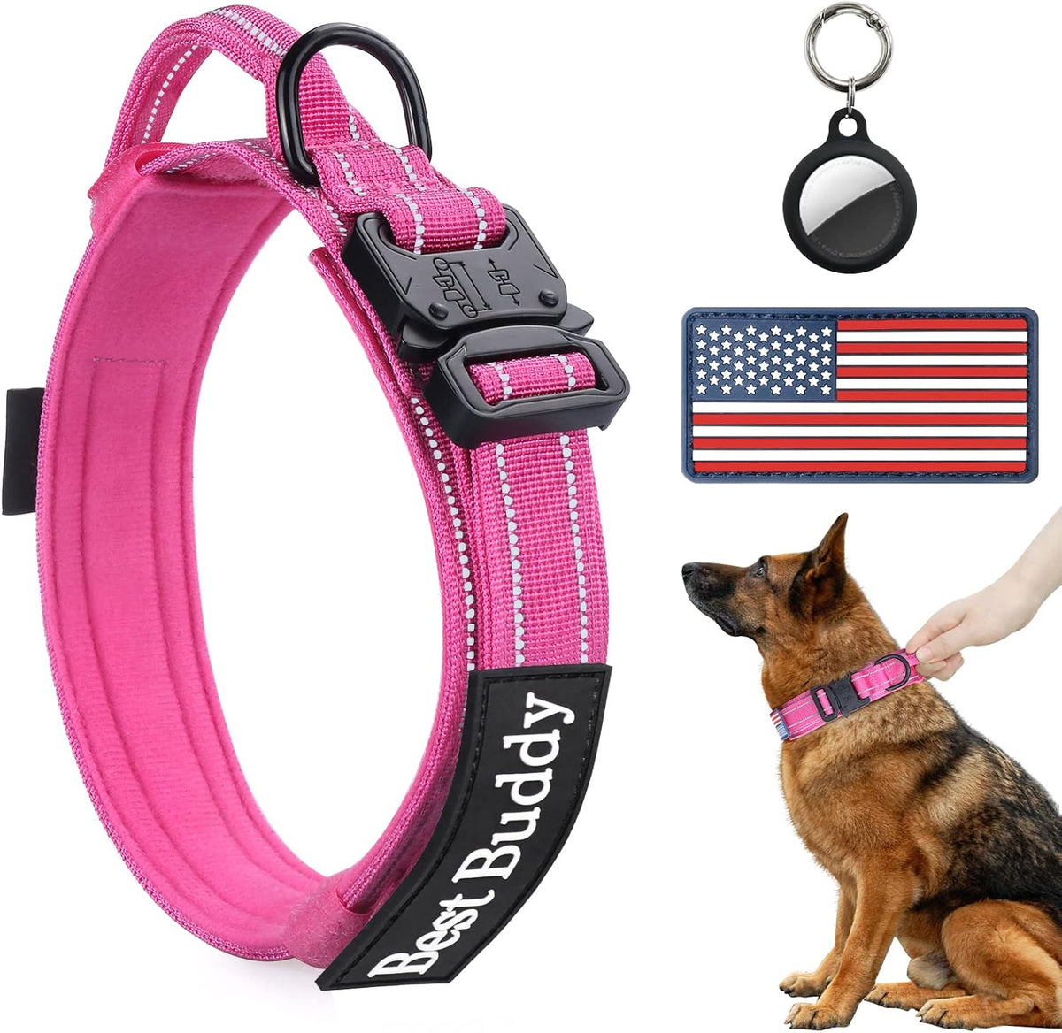 AUBELL reflective tactical dog collar with control handle and metal buckle