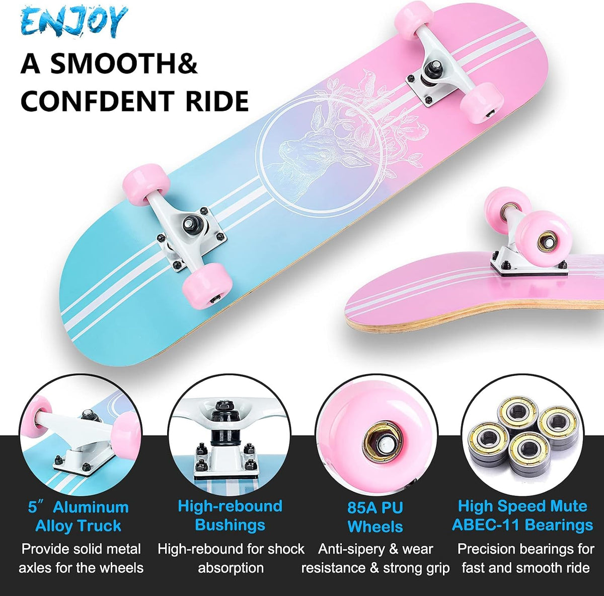 Skateboard,31 x 8 Inch Complete Skateboard, 8-Layer Maple Wood Deck Double Kick Standard - pink - image 2