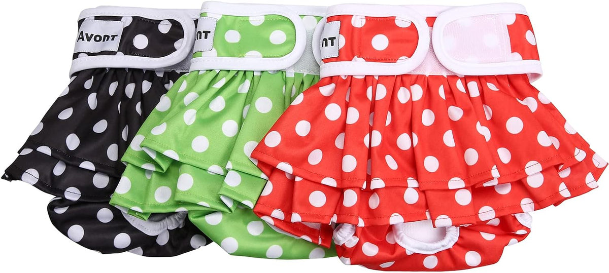 Avont 3 Pack Reusable Dog Diapers Female-Strawberry/Orange/Cherry – Essentials for Dogs - Dot Pattern - Black/Red/Green / S