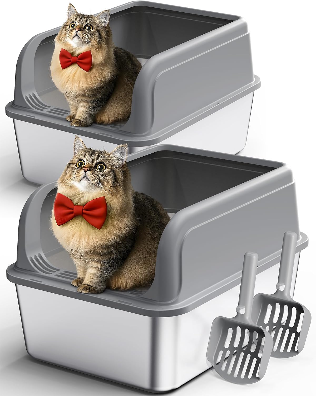 Powools Stainless Steel Cat Litter Box, High-Sided, M - XL (2 Packs) / Grey