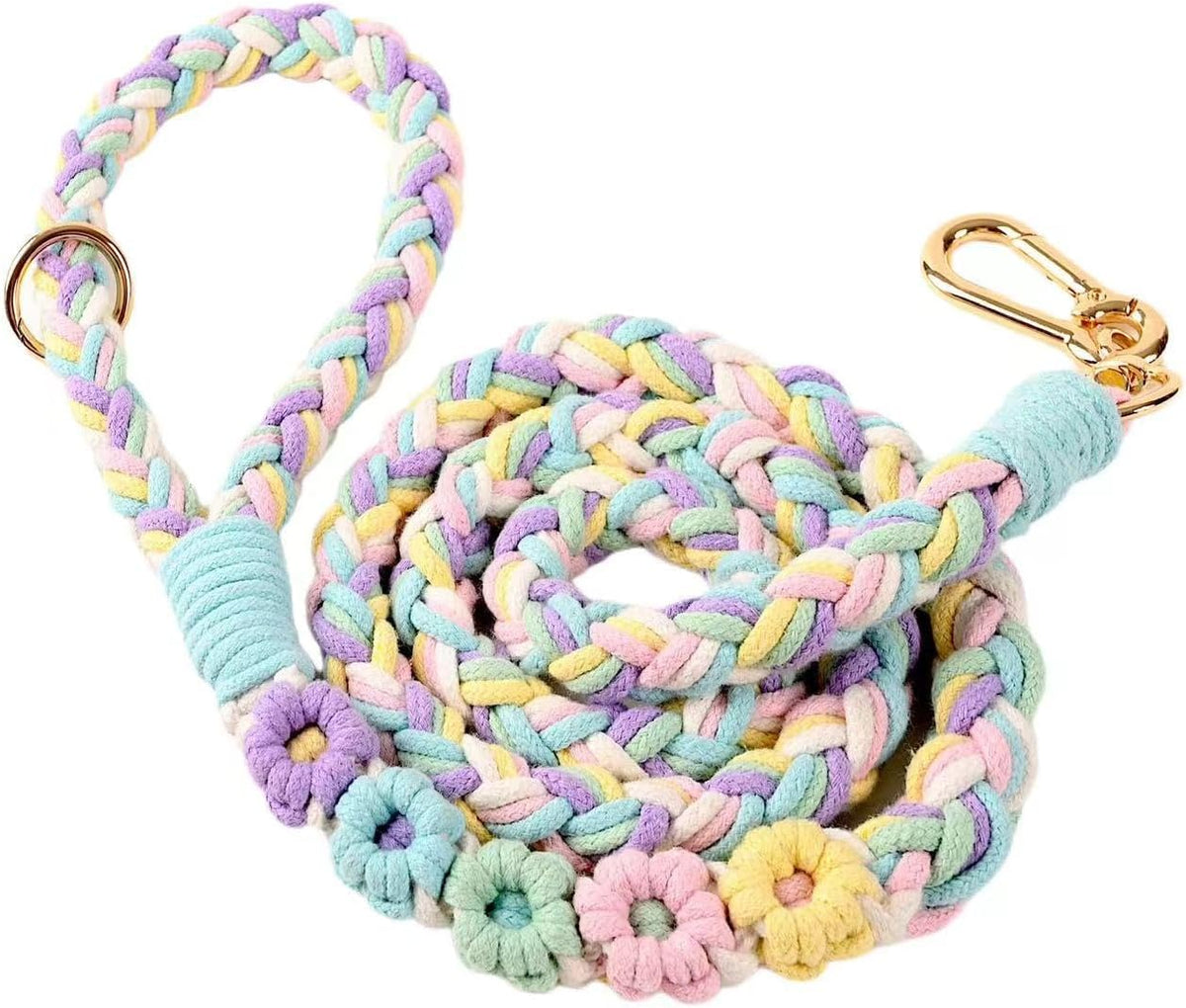 5FT Braided Cotton Rope Leash for Small, Medium and Large Dogs - Rainbow Color