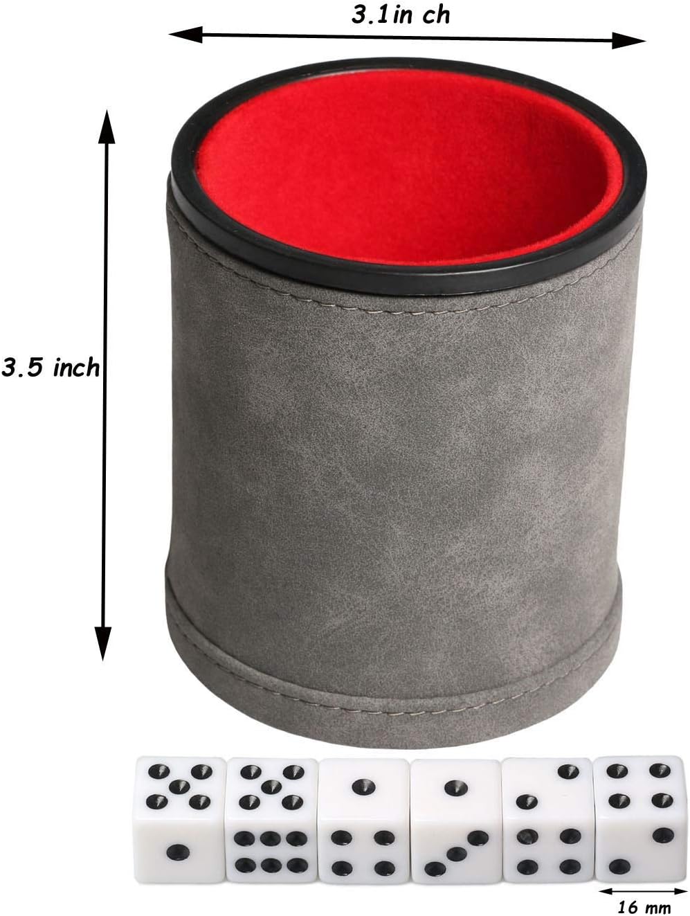 Felt Lined PU Leather Dice Cup Set with 6 Dot Dices – Fun for Kids & Family - Grey - image 2