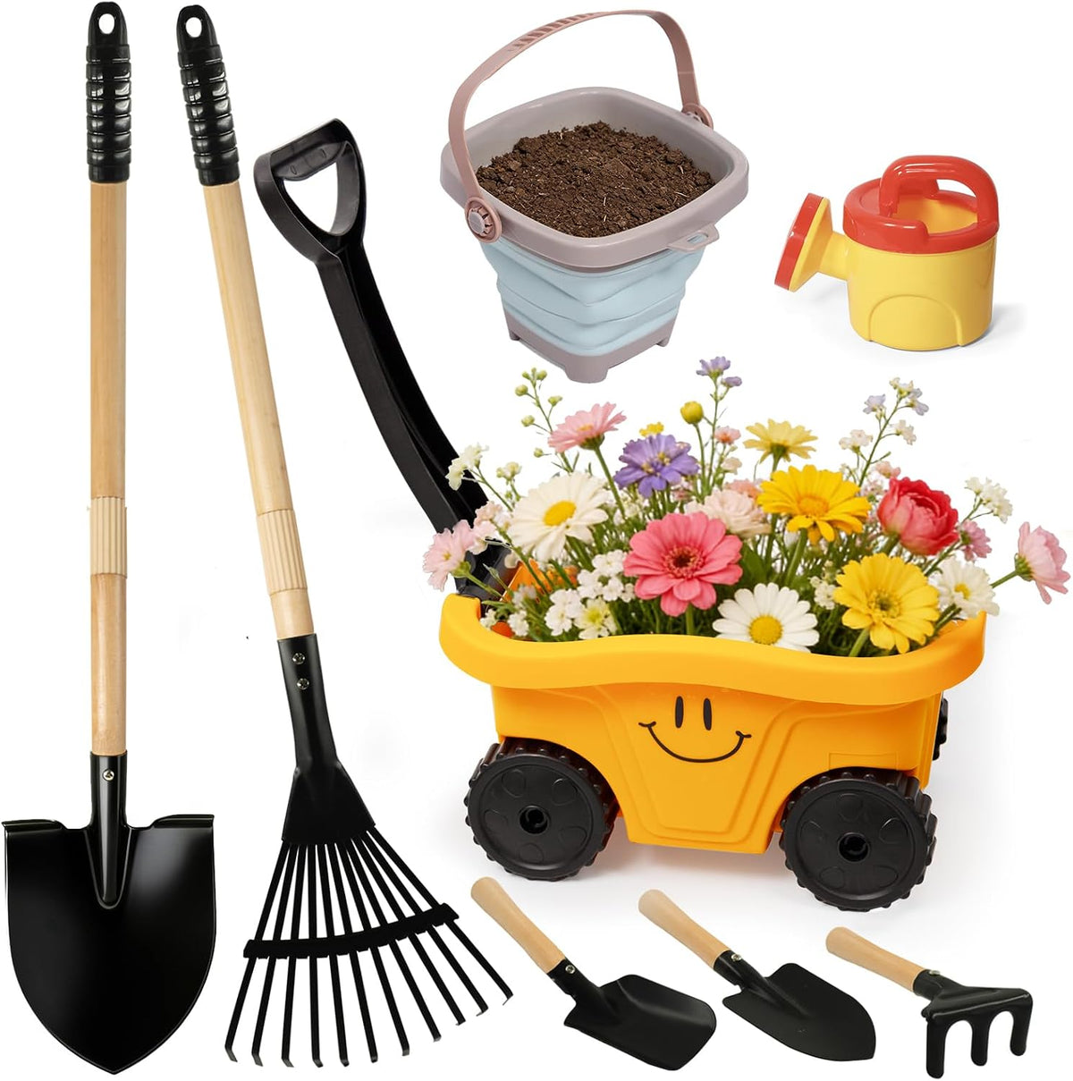 POMIKU 8 piece kids gardening tools set with rake, shovel, spade, hoe and broom - view 3