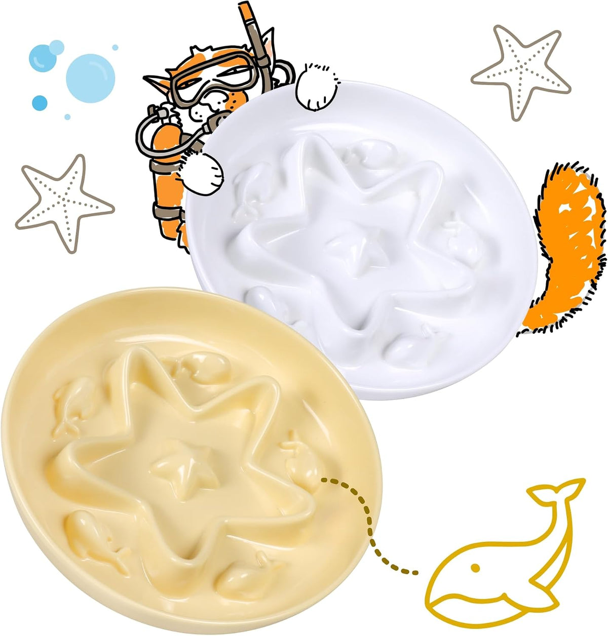 2 Pcs Cat Slow Feeder Bowl - Buttercream + Shell White / 6.2''