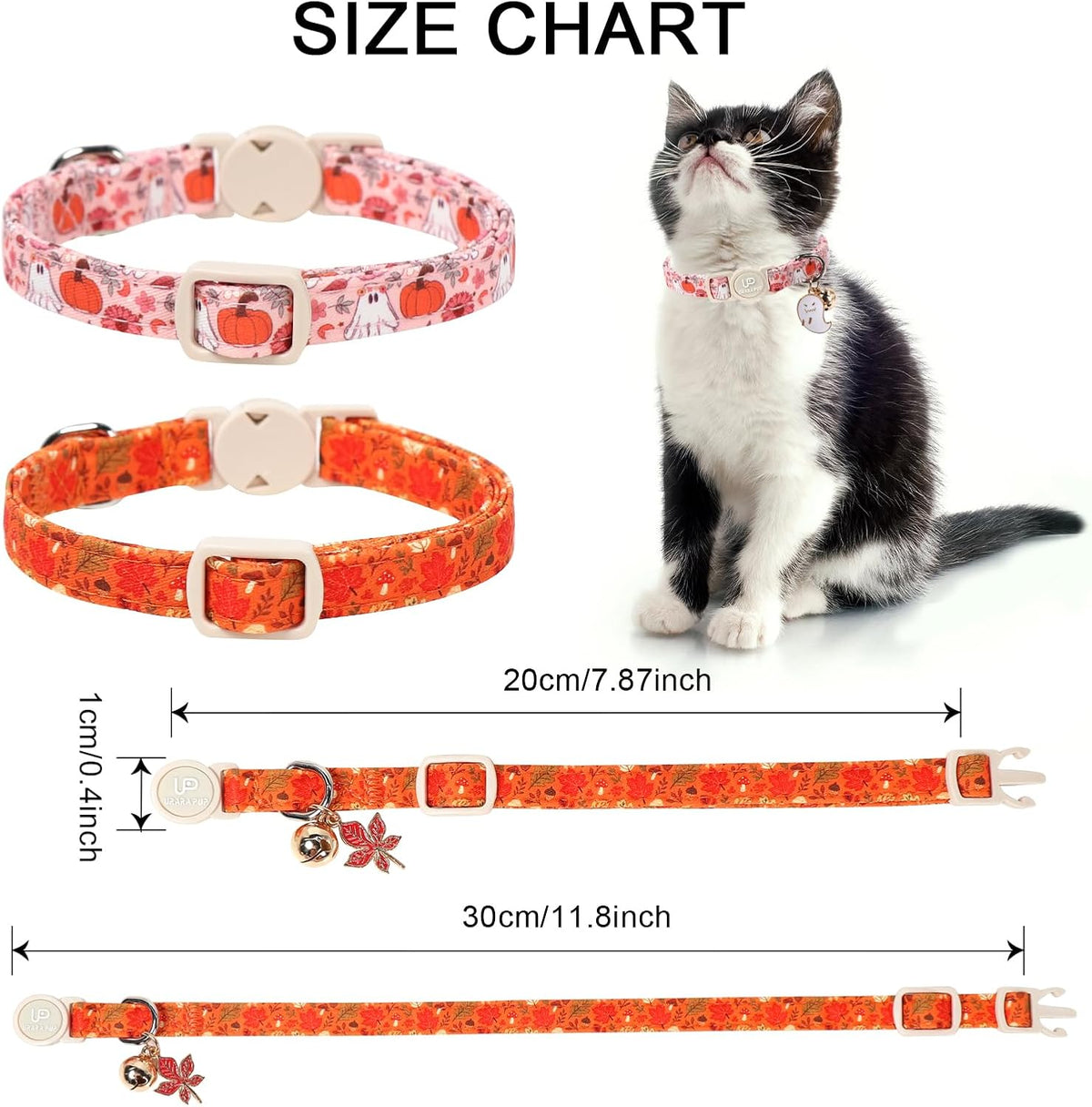 Halloween Cat Collar-2Pack Autumn Pumpkin Kitten Collars-Funny - Fall Leaves & Floral Ghost Pumpkin - image 3