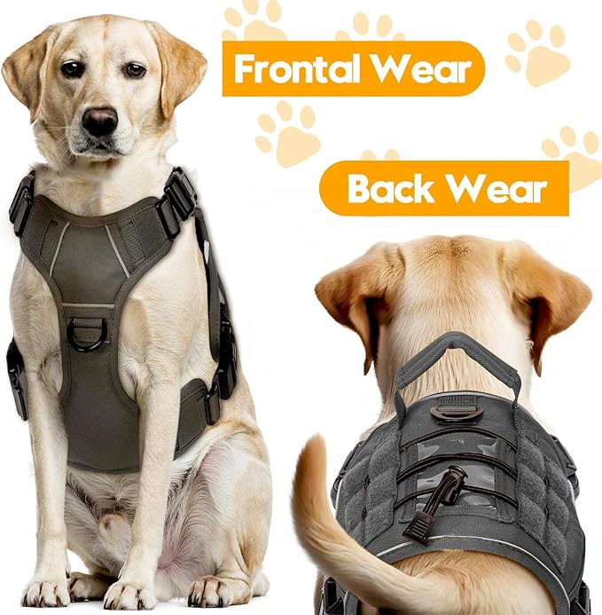 Heavy-Duty Tactical Dog Harness for Large Dogs, No Pull Adjustable Reflective Pet Vest with Molle System, K9 Military-Grade Control for Service Training, Outdoor & 10+ Breeds, Gray, Medium