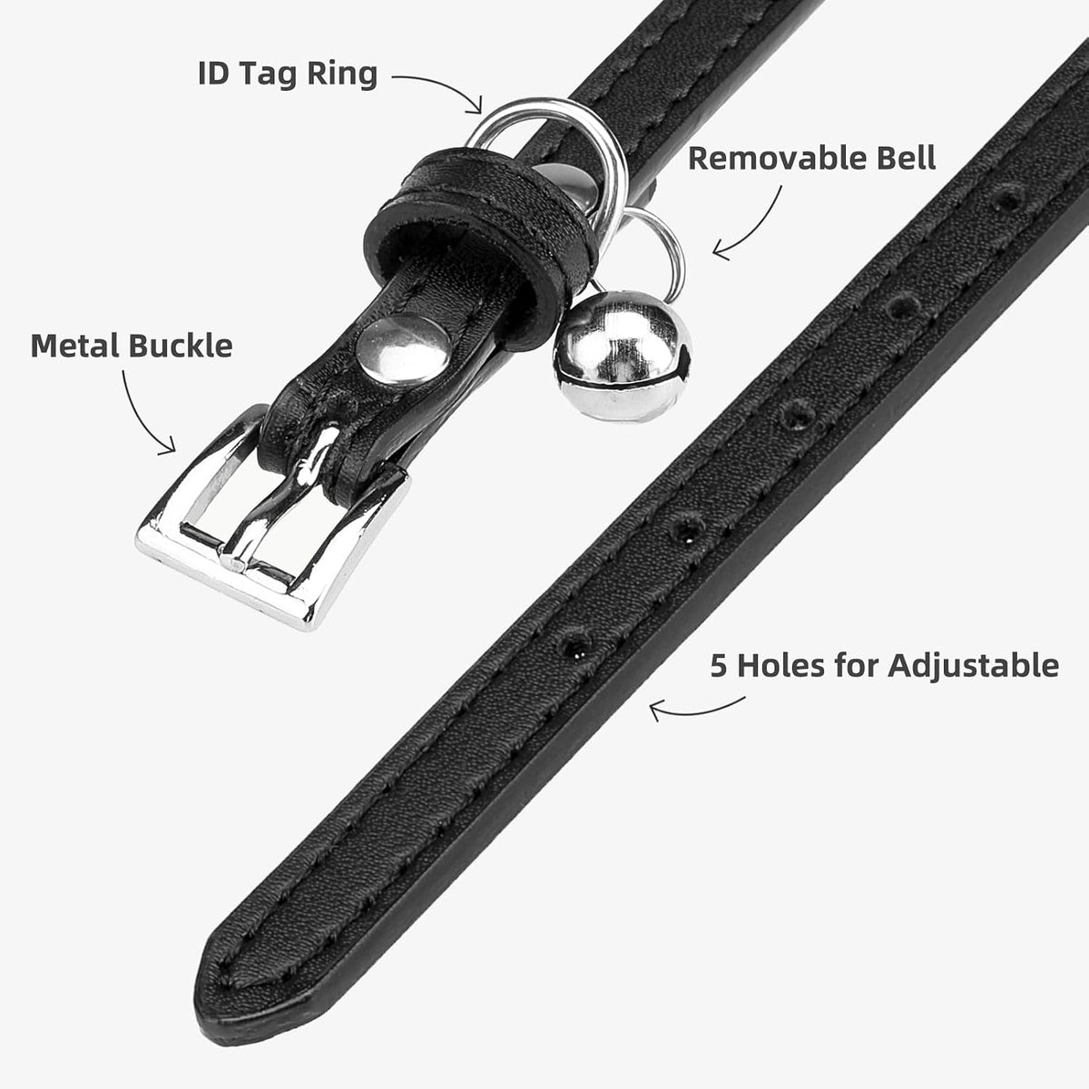 PUPTECK 2 PCS Soft Genuine Leather Cat Kitten Collar with Bells - Deep Black - image 3