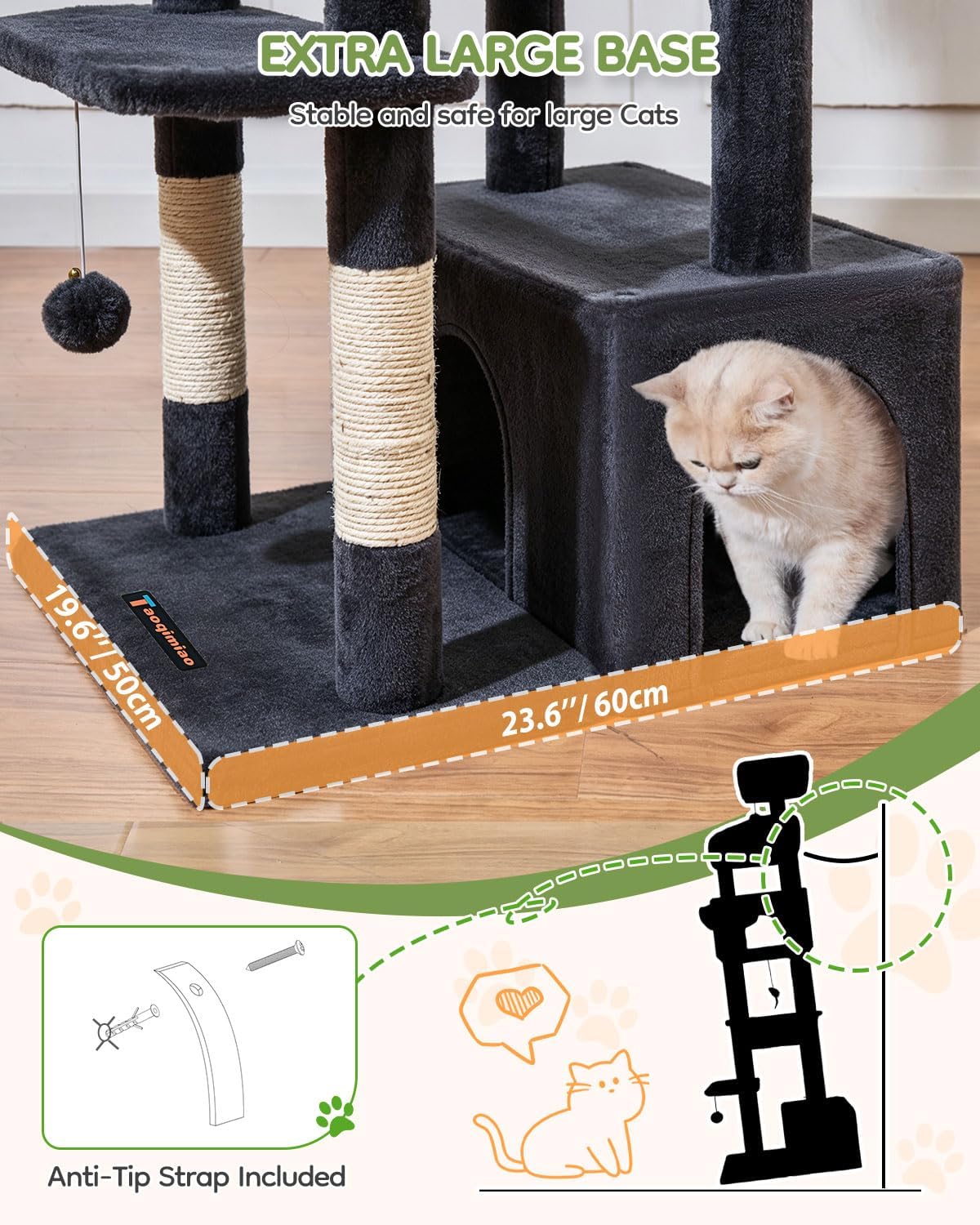 Taoqimiao 32.2in Cat Tree with Toy - Smoky Gray / 79 inch - image 3
