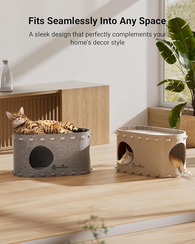 DownyPaws Cat House for Indoor Cats, Cat Bed Cave for Multiple & Large Cats Up to 22 Lbs, Scratch Resistant, Foldable Peekaboo Kitten Caves Tunnel Enclosed Bed, PeekaPurr, Cream