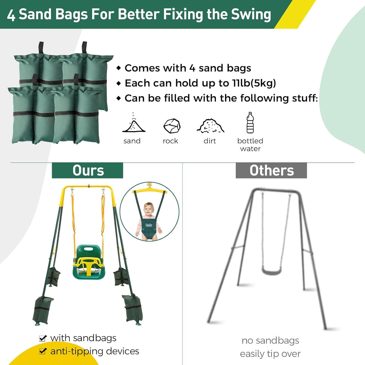 FUNLIO 2 in 1 Baby Jumper and Swing with 4 Sandbags - Green - image 3