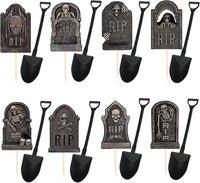 TUDACVTE Halloween tombstone cupcake toppers with black mini shovel spoons
