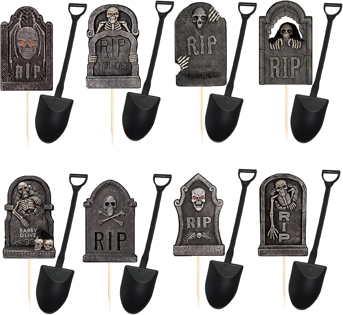 TUDACVTE Halloween tombstone cupcake toppers with black mini shovel spoons