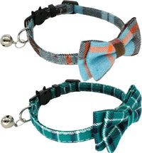 2 Pack/Set Cat Collar Breakaway with Cute Bow Tie and Bell for Kitty - Cyan-blue+Blue-gray / Plaid - image 4