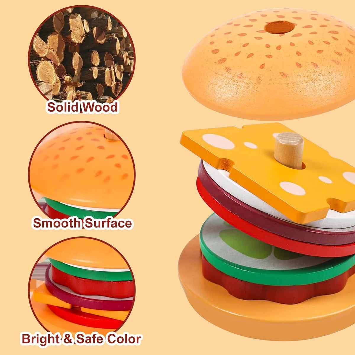 Pajojoqa wooden sandwich stacking toy with egg, cheese, bacon, lettuce, tomato and bun pieces - view 7