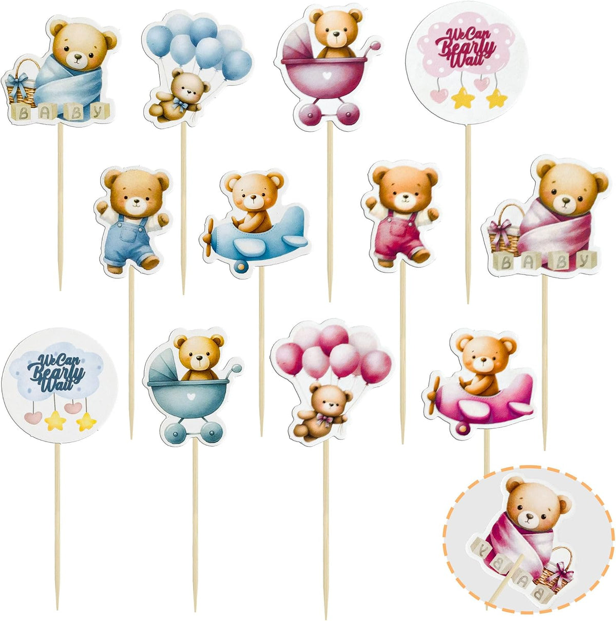 Gyufise 36Pcs Baby Shower Bear Cupcake Toppers Moon Baby Bear Baby - Blue Pink Coffee - image 3
