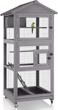 GUTINNEEN Large Bird Cage Outdoor Wooden Aviary Indoor on Wheels, with Play Stand, Perches, Nest Habitat & Wire Mesh Tray for Easy Cleaning