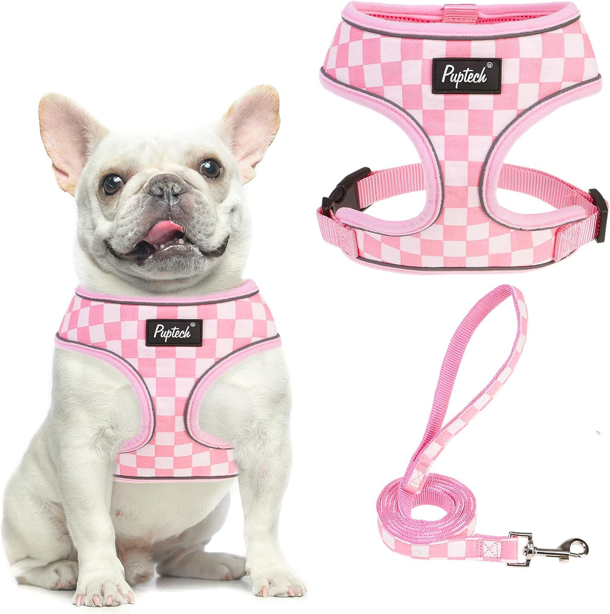 Pupteck Soft Mesh Dog Harness Sized and Leash Set Pet Puppy Cat - Checkered Pink&White / M (NECK: 14", CHEST: 17"-21") / Classic over-the-head harness