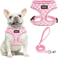 Pupteck Soft Mesh Dog Harness Sized and Leash Set Pet Puppy Cat - Checkered Pink&White / M (NECK: 14", CHEST: 17"-21") / Classic over-the-head harness