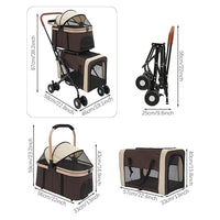 Double Pet Stroller for Dogs and Cats, Foldable Dog Stroller Travel Carriage with Detachable Carriers, Safety Belts, and 4 Lockable Wheels for Small to Medium Pets (Coffee Color)
