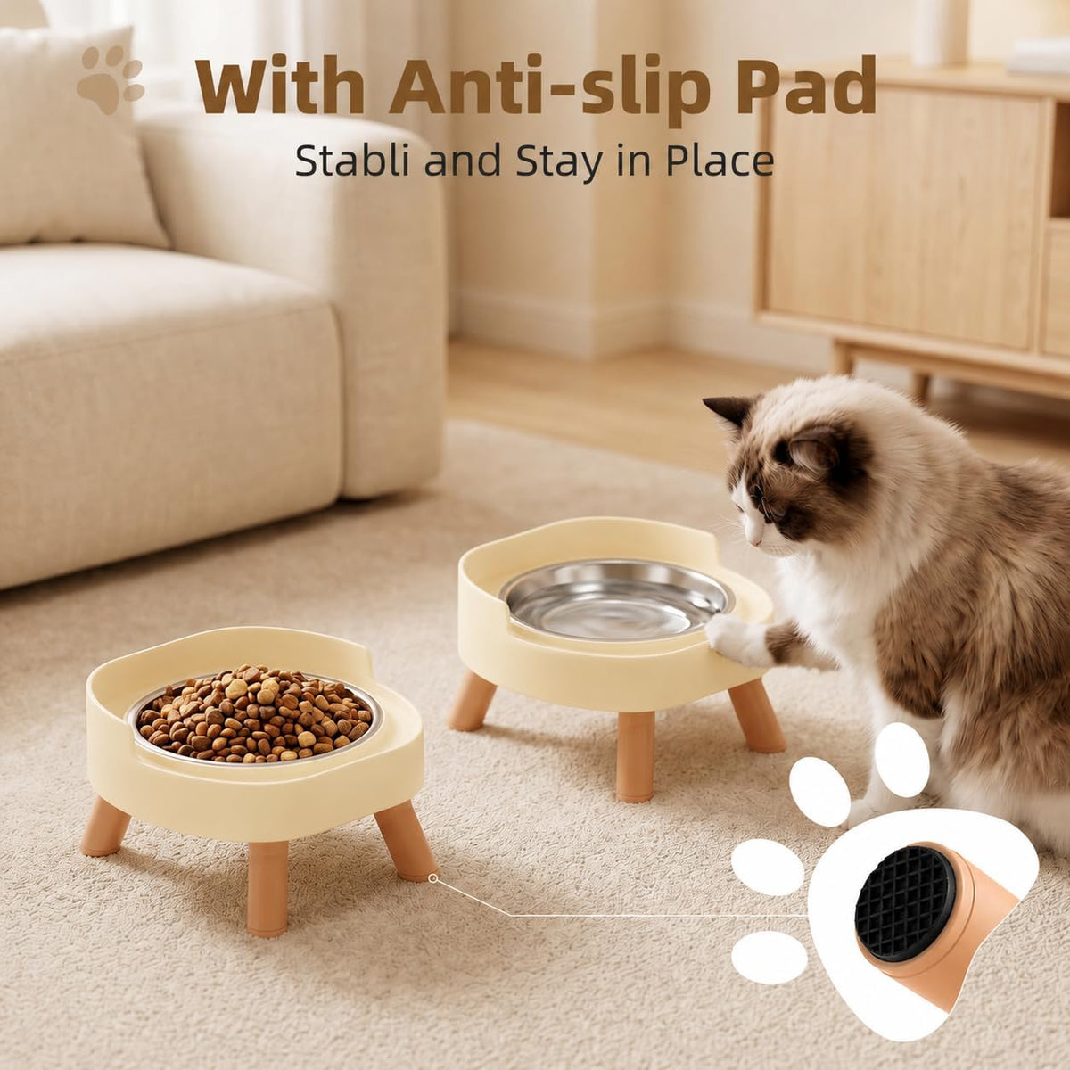 Elevated Cat Bowls, 2P Raised Cat Food and Water Bowl Set for Indoor Cats, Splash Proof with 2 - 2P Cat Bowls - Yellow - image 4