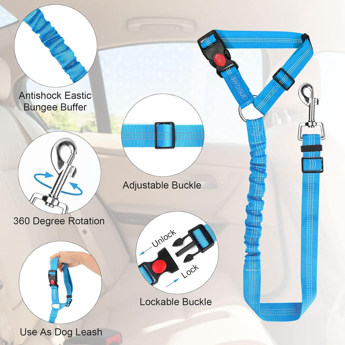 Dog Seat Belt for Car, Headrest Restraint Safety Lead, Dogs Cats – Essentials for Dogs - Blue / Elastic - image 4